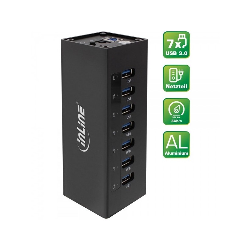 USB 3.0 Hub - 7 Port - Aluminiumgehause - schwarz - mit 2,5A Netzteil